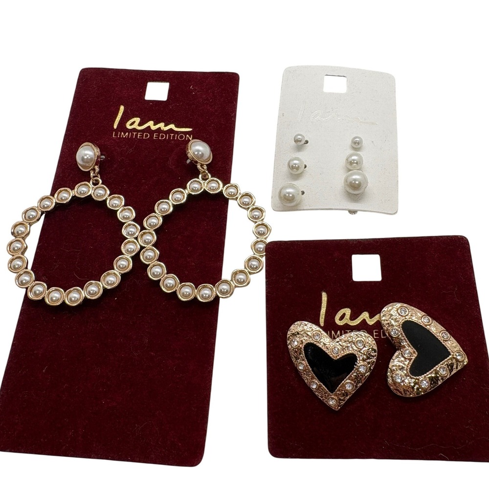 I am Limited Edition Earring Lot Gold Tone Pearl Hoops Heart Studs 5 Pairs NEW